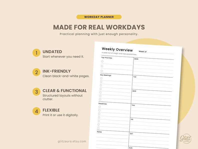 May include: A digital workday planner page titled Weekly Overview with sections for Top Priorities, Key Meetings, and Deadlines. The layout includes daily slots for Monday through Sunday, featuring a clean black-and-white design with text labels.