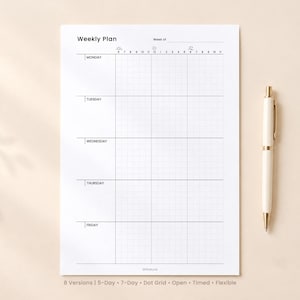 May include: A white weekly planner sheet with black text and grid lines, featuring a header labeled Weekly Plan, a Week of line, and a daily schedule from Monday to Friday. A cream-colored ballpoint pen is positioned to the right of the paper.