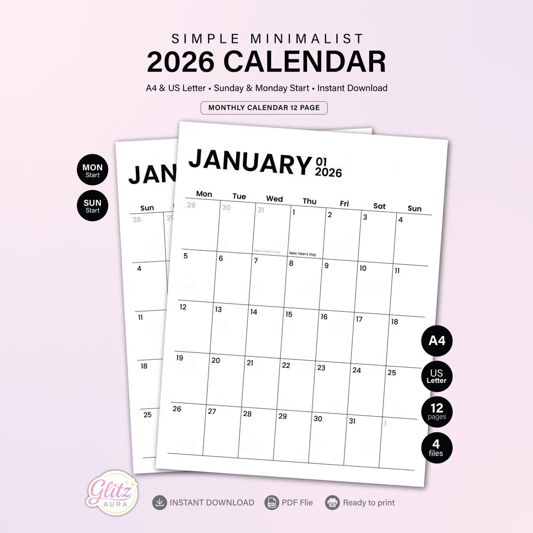 Minimalist 2026 Printable Calendar • Vertical Layout • A4 and US Letter ...