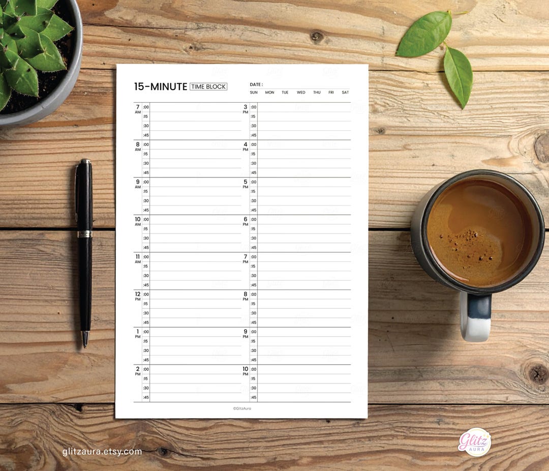 15 Minute Time Block Planner Printable Daily Schedule 7AM 10PM Hourly ...