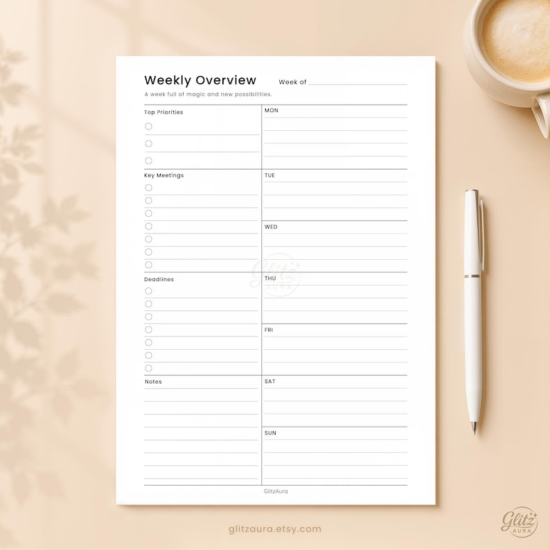 May include: A white weekly overview planner sheet with black text and lines. The header reads Weekly Overview and A week full of magic and new possibilities. Sections include Top Priorities, Key Meetings, Deadlines, Notes, and days from MON to SUN.