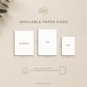 Pode incluir: Um gr&aacute;fico exibindo tamanhos de papel dispon&iacute;veis, incluindo US Letter de 8,5 por 11 polegadas, A4 de 210 por 297 mm e A5 de 148 por 210 mm. O texto Glitz Aura est&aacute; no topo, com &iacute;cones de uma impressora e um tablet na parte inferior.