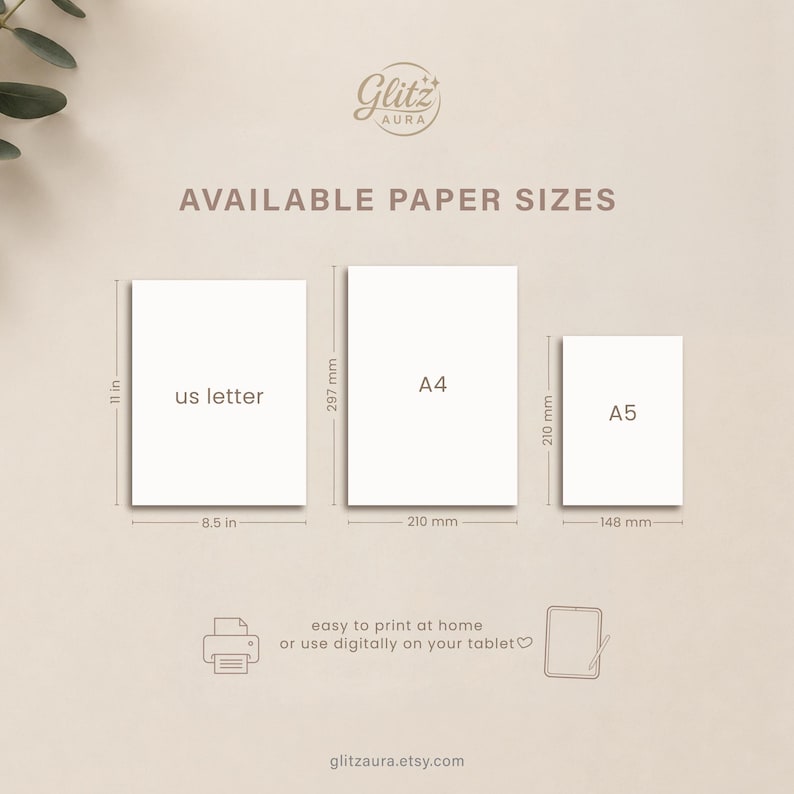 Pode incluir: Um gr&aacute;fico exibindo tamanhos de papel dispon&iacute;veis, incluindo US Letter de 8,5 por 11 polegadas, A4 de 210 por 297 mm e A5 de 148 por 210 mm. O texto Glitz Aura est&aacute; no topo, com &iacute;cones de uma impressora e um tablet na parte inferior.