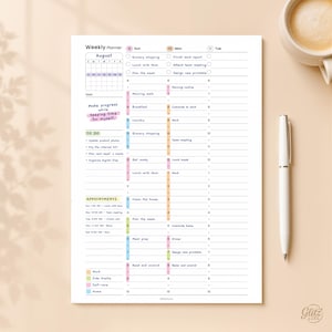 May include: A white weekly planner sheet with black text and colorful accents. It features an August calendar, a goal section with the text 'Make progress while keeping time for myself', a to-do list, and an appointment schedule with hourly slots.