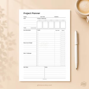 Planer projektu do druku w formacie PDF, Planer zarządzania projektami, Śledzenie zadań, Harmonogram kamieni milowych, Śledzenie terminów, Wkładka do planera listów A4 A5
