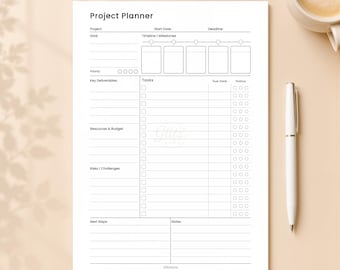Planejador de Projetos em PDF para Impressão, Planejador de Gerenciamento de Projetos, Rastreador de Tarefas, Cronograma de Marcos, Rastreador de Prazos, Inserção para Planejador nos Formatos A4, A5 e Carta