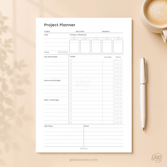 Project Planner Printable PDF, Project Management Planner, Task Tracker, Milestone Timeline, Deadline Tracker, A4 A5 Letter Planner Insert