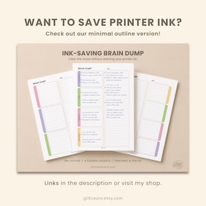 Pode incluir: Tr&ecirc;s folhas de papel para planeador do tipo brain dump com sec&ccedil;&otilde;es em cores pastel para tarefas e notas. O texto diz INK-SAVING BRAIN DUMP, WANT TO SAVE PRINTER INK? e inclui v&aacute;rias listas de tarefas. O design apresenta detalhes em rosa, roxo, verde e amarelo.