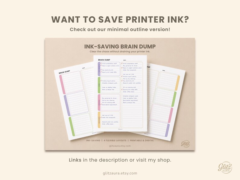 Pode incluir: Tr&ecirc;s folhas de papel para planeador do tipo brain dump com sec&ccedil;&otilde;es em cores pastel para tarefas e notas. O texto diz INK-SAVING BRAIN DUMP, WANT TO SAVE PRINTER INK? e inclui v&aacute;rias listas de tarefas. O design apresenta detalhes em rosa, roxo, verde e amarelo.