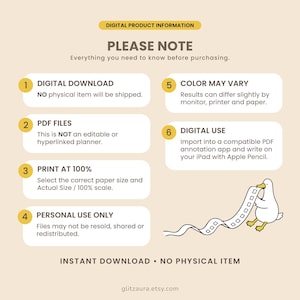 May include: A digital product information graphic on a beige background featuring six numbered points regarding digital downloads, PDF files, printing, personal use, color variation, and digital use, with a cartoon duck holding a film strip.