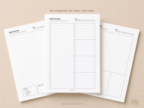 Brain Dump Printable PDF, ADHD Brain Dump Planner, Mind Sweep Worksheet, Mental Clarity Planner, Productivity Planner 3 Styles A4 A5 Letter