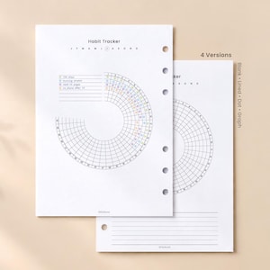 May include: Two white planner inserts with circular habit trackers. The top sheet features a header labeled Habit Tracker, J F M A M J J A S O N D, and a list of four habits. The second sheet shows 4 Versions: Blank, Lined, Dot, Graph.