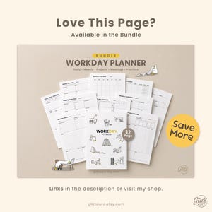 May include: A collection of white paper workday planner sheets arranged in a fan shape. The central sheet features the text WORKDAY PLANNER and various line art illustrations. A yellow circular badge displays the text 12 Page.