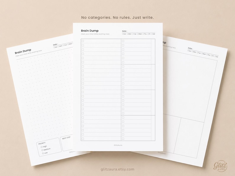 Pode incluir: Tr&ecirc;s folhas de papel branco com texto e linhas pretas para organiza&ccedil;&atilde;o. As p&aacute;ginas apresentam o t&iacute;tulo Brain Dump, uma se&ccedil;&atilde;o de data com caixas de sele&ccedil;&atilde;o para os dias da semana e v&aacute;rios layouts, incluindo grade de pontos e listas.