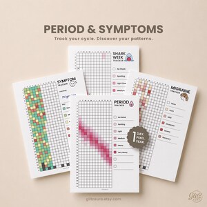 Può includere: Un set di quattro fogli di tracciamento bianchi intitolati Period & Symptoms, che includono un tracker per il ciclo, i sintomi, le mestruazioni e l'emicrania. Ogni foglio presenta una griglia per registrare i dati giornalieri con chiavi a colori.
