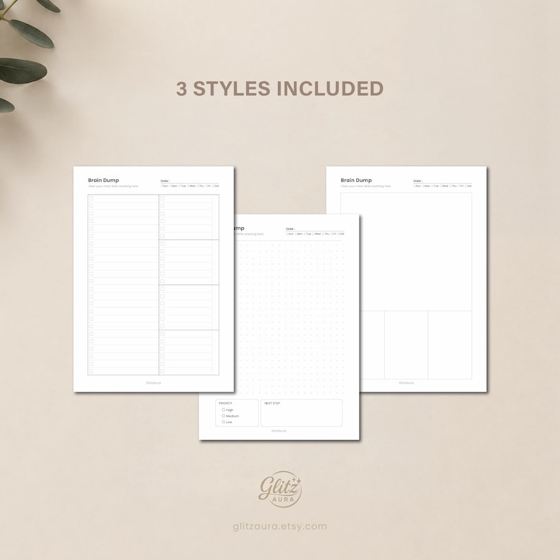 Pode incluir: Tr&ecirc;s folhas de papel para agenda brancas com texto e linhas pretas. As p&aacute;ginas s&atilde;o intituladas Brain Dump e incluem se&ccedil;&otilde;es para datas, listas de verifica&ccedil;&atilde;o, grades de pontos e caixas de prioridade. O texto 3 STYLES INCLUDED est&aacute; no topo.