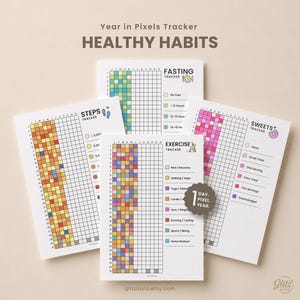 Bundel met een tracker voor gezonde gewoonten (printbaar PDF-bestand), Jaar in pixels, Trainingstracker, Stappenteller, Vastentracker, Zoetigheidstracker (A4, A5, Letter)