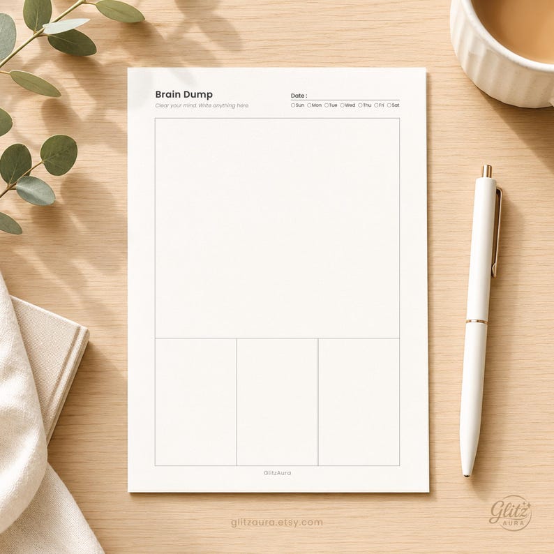Pode incluir: Um bloco de notas de papel branco com o t&iacute;tulo Brain Dump, uma linha de data com caixas de sele&ccedil;&atilde;o para os dias da semana, um grande espa&ccedil;o retangular em branco e tr&ecirc;s caixas retangulares menores abaixo. O texto GlitzAura est&aacute; impresso na parte inferior.