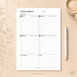 Prioriteitenmatrix (afdrukbaar PDF-bestand), Eisenhower-matrixplanner, organizer voor urgente en belangrijke taken, productiviteitsplanner, insteekpagina voor A4- of A5-formaat