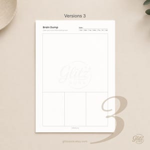 Pode incluir: Uma p&aacute;gina de planejador em papel branco intitulada Brain Dump com um campo de data, caixas de sele&ccedil;&atilde;o para os dias da semana, um grande espa&ccedil;o retangular em branco e tr&ecirc;s caixas retangulares menores abaixo. O texto Glitz Aura est&aacute; impresso na parte inferior.