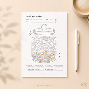 Op de afbeelding: Een wit vel papier met de titel Small wins tracker, een doellijn, startdatum 7 Jun en een illustratie van een grote pot gevuld met cirkels. Hieronder staan kleurgecodeerde categorieën voor Paid a Bill, Room Cleaning, Laundry, No Phone in Bed, Read 10 Pages, Yoga en Walk 15 mints.