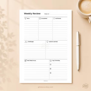 Weekly Review Printable PDF, Weekly Reflection Planner, Weekly Reset, Wins Lessons Learned Next Week Focus A4 A5 Letter Insert