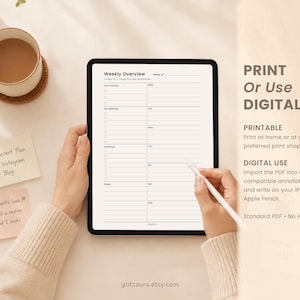 May include: A digital tablet displaying a weekly overview planner template with sections for priorities, meetings, and deadlines. The screen shows text including Weekly Overview, Top Priorities, Key Meetings, Deadlines, and days of the week.