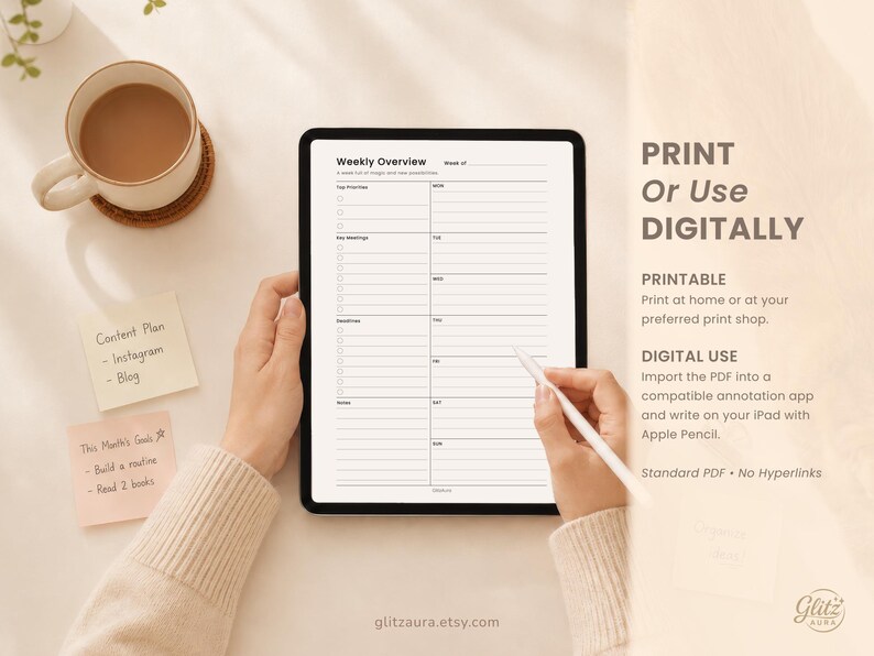May include: A digital tablet displaying a weekly overview planner template with sections for priorities, meetings, and deadlines. The screen shows text including Weekly Overview, Top Priorities, Key Meetings, Deadlines, and days of the week.