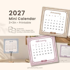 Può includere: Un set di mini calendari stampabili 2027 con pagine quadrate da 3x3 pollici e bordi a griglia. Il design include i layout mensili per gennaio, febbraio, aprile e maggio in vari colori, con testo che indica 12 mesi, formati PNG e PDF.