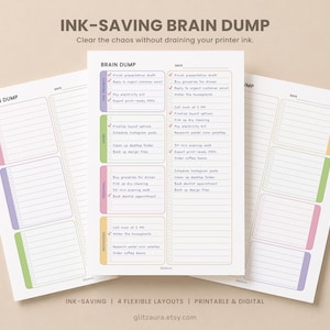 Könnte beinhalten: Drei weiße Papierbögen mit einem Brain-Dump-Aufgabenlisten-Layout mit farbigen rechteckigen Abschnitten in Pink, Lila, Grün und Gelb. Der Text enthält Überschriften wie Top Priority, Ideas, Seasonal und Reminders mit Kontrollkästchen.