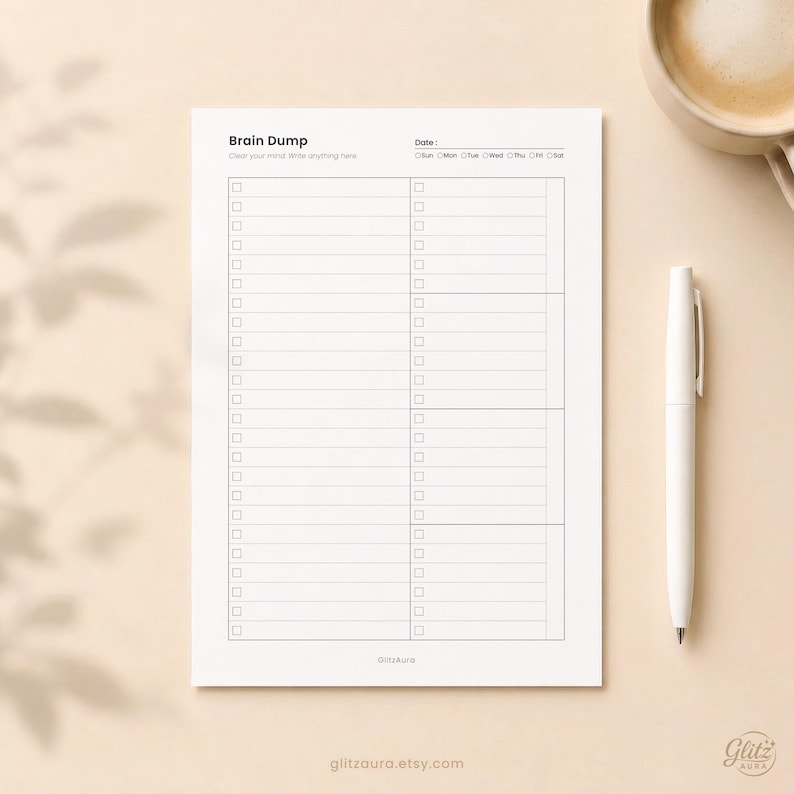 May include: A white paper sheet titled Brain Dump with a date field, days of the week checkboxes, and two columns of blank lines with checkboxes for tasks. A white pen is positioned to the right of the paper on a light beige surface.