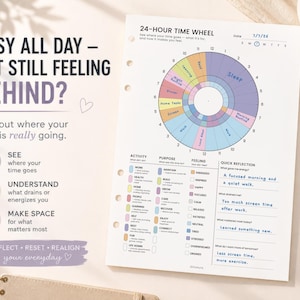 May include: A white planner insert titled 24-HOUR TIME WHEEL featuring a circular color-coded chart to track daily activities, purposes, and feelings. The page includes sections for activity, purpose, feeling, and a quick reflection with handwritten text.