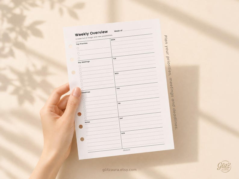 May include: A white paper planner insert with black text and lines. The header reads Weekly Overview, followed by sections for Top Priorities, Key Meetings, Deadlines, and Notes. The right side lists days from Monday to Sunday with lined spaces.