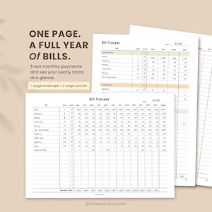 Puede incluir: Un documento de seguimiento de facturas con el texto ONE PAGE. A FULL YEAR Of BILLS. Track monthly payments and see your yearly totals at a glance. El documento incluye columnas para nombres de facturas, fechas de vencimiento y pagos.