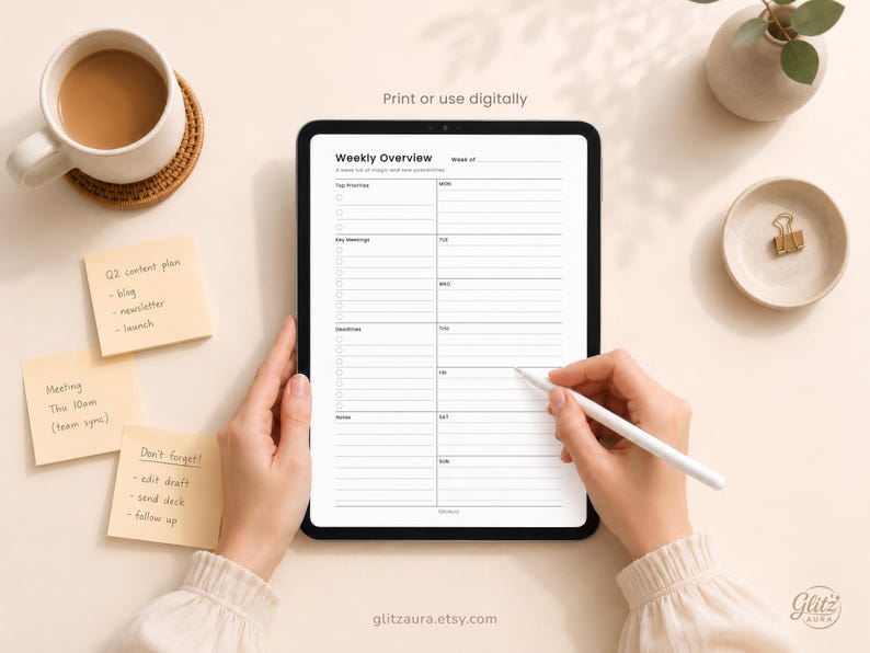 May include: A digital tablet displaying a weekly planner template with sections for top priorities, key meetings, and deadlines. The screen shows the text Weekly Overview and Print or use digitally. A white stylus is held against the screen.