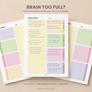 Könnte beinhalten: Eine druckbare Brain-Dump-Planerseite mit einer zentralen Liste mit Kontrollkästchen und Kategorien für Prioritäten, Arbeit, Persönliches und Erinnerungen. Das Layout verwendet pastellfarbene gelbe, grüne, rosa und violette Blöcke.