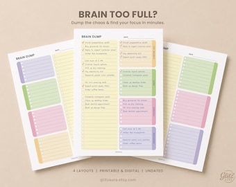 May include: A printable brain dump planner page featuring a central list with checkboxes and categorized sections for top priority, work, personal, and reminders. The layout uses pastel yellow, green, pink, and purple blocks with black text.
