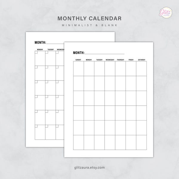 Simple Blank Monthly Calendar, Universal Undated Vertical Calendar Template, No Design, Monday & Sunday Start