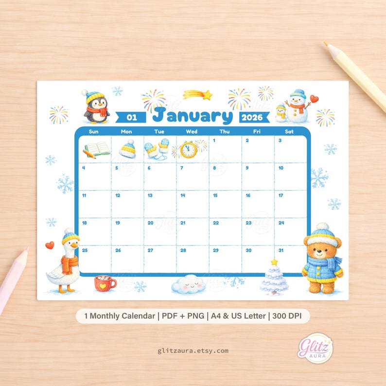 January 2026 Printable Calendar • Winter Monthly Planner • A4 & US ...