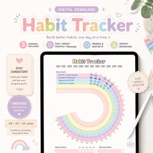 May include: Digital habit tracker with a rainbow design. The digital download includes daily, weekly, and monthly tracking options. The tracker is undated and available in A4, A5, and US Letter sizes. The text on the tracker says "Habit Tracker" and "Stay Consistent".