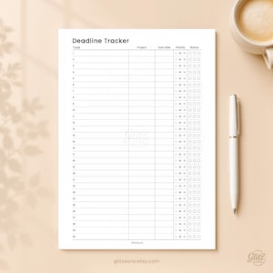 May include: A white paper deadline tracker sheet with black text and grid lines. The header reads Deadline Tracker, with columns for Task, Project, Due Date, Priority labeled L, M, H, and Status with three circular checkboxes per row for 30 tasks.