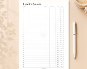 May include: A white paper deadline tracker sheet with black text and grid lines. The header reads Deadline Tracker, with columns for Task, Project, Due Date, Priority labeled L, M, H, and Status with three circular checkboxes per row for 30 tasks.