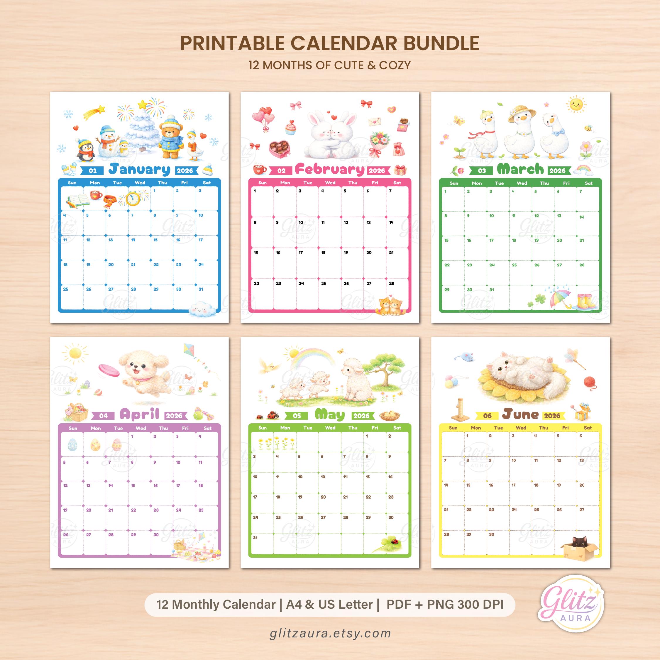 2026 Printable Calendar Bundle, Cute Animal Kids Calendar, Full Year ...
