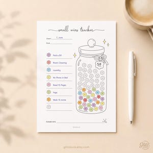 May include: A white paper sheet titled small wins tracker featuring a line drawing of a glass jar filled with small flower icons. The list includes tasks like Paid a Bill, Room Cleaning, Laundry, No Phone in Bed, Read 10 Pages, Yoga, and Walk 15 minte.