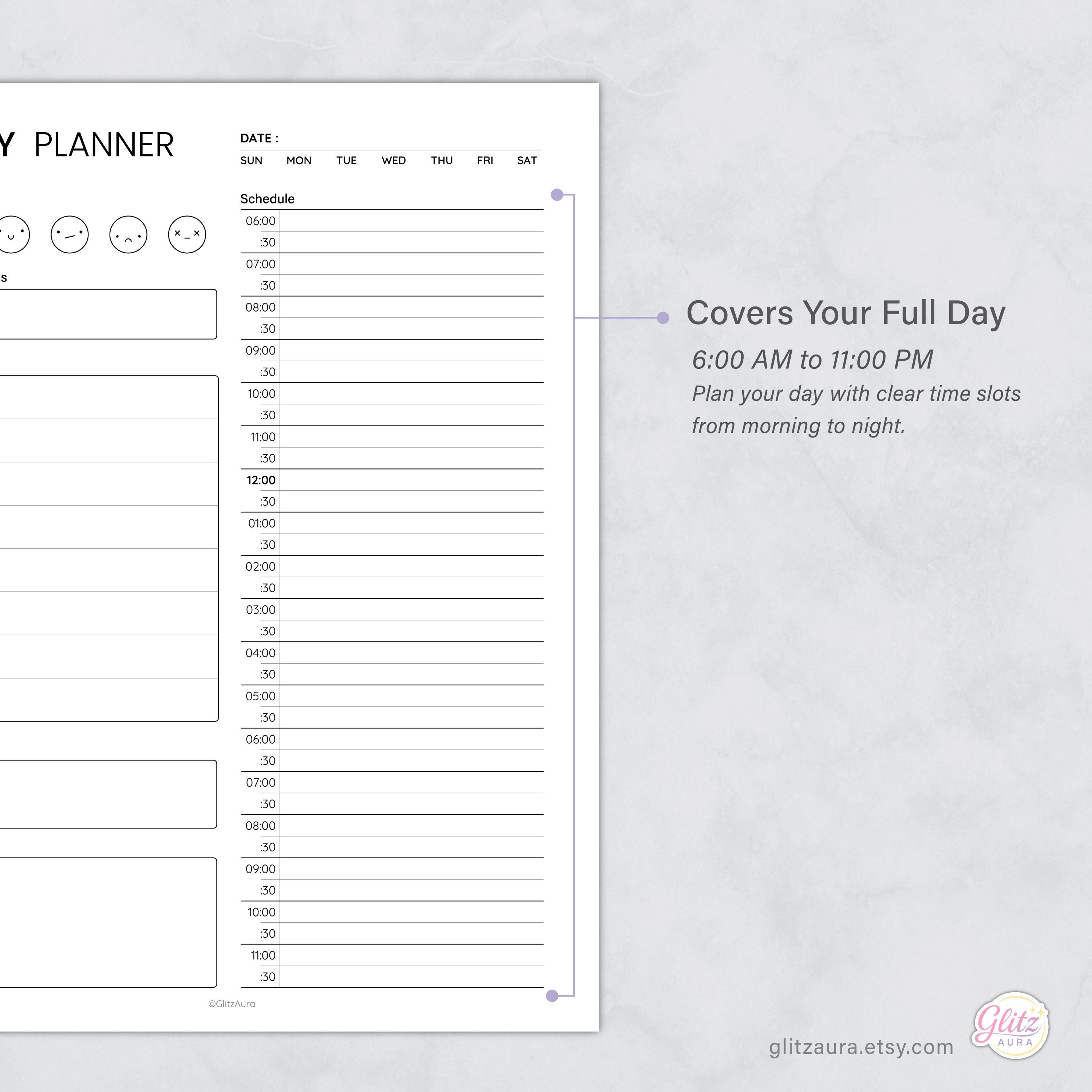 Minimal Daily Planner Printable | Hourly Schedule, to Do List & Mood ...