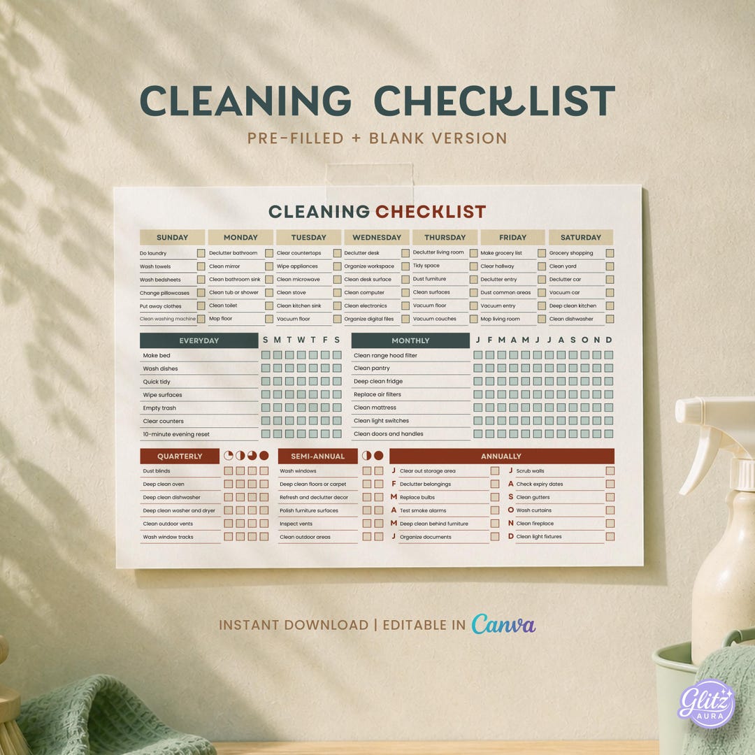 Editable Cleaning Checklist Printable Minimal Weekly Cleaning Planner ...
