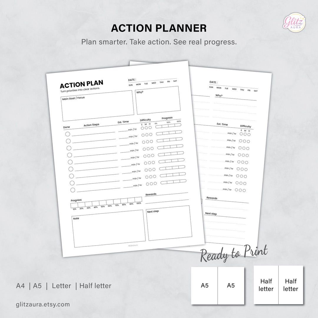 Action Planner Printable Daily Goal Planner Minimal Productivity ...