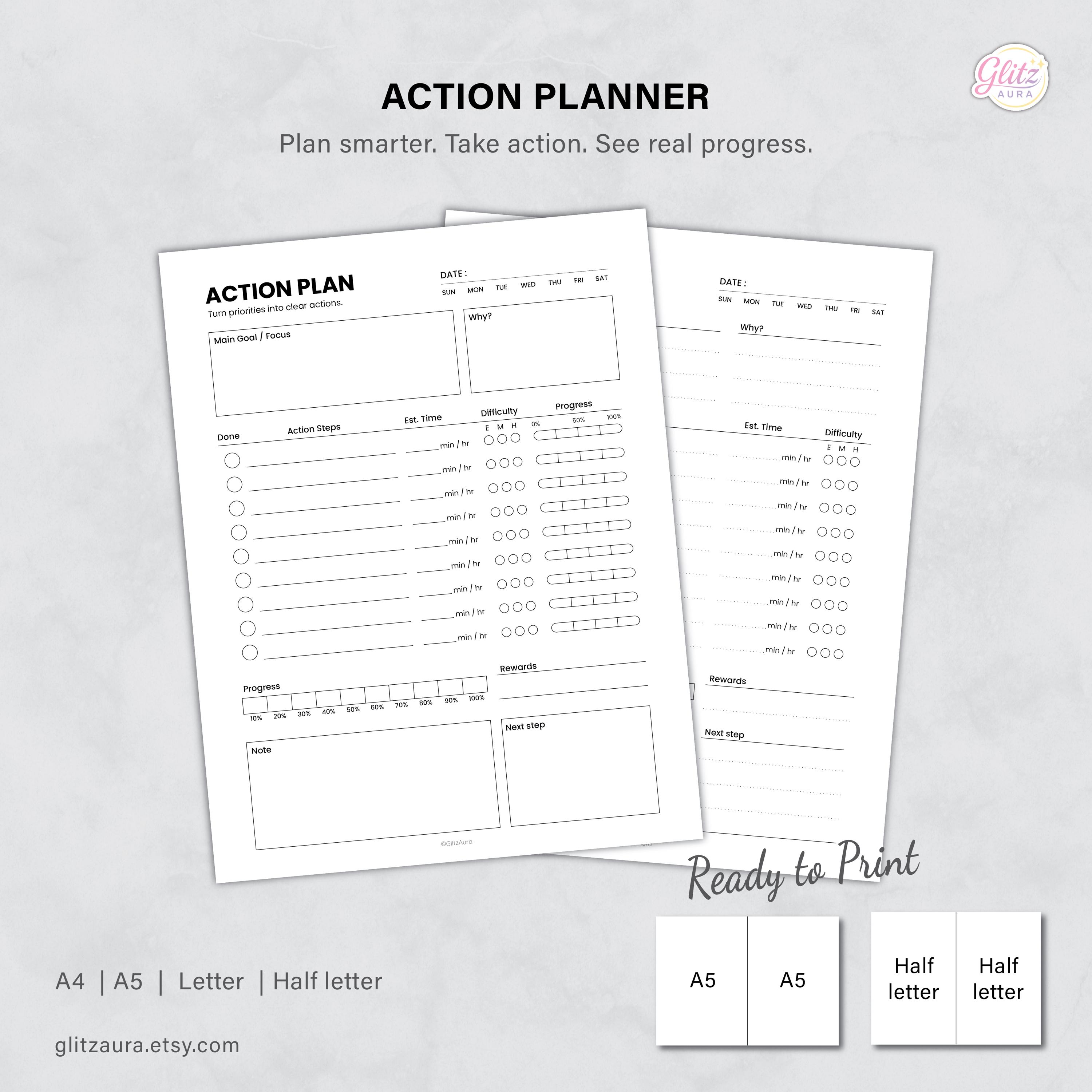 Action Planner Printable Daily Goal Planner Minimal Productivity ...