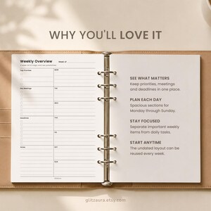 May include: A tan leather-bound planner with a six-ring metal binder mechanism. The open pages feature a weekly overview layout with sections for top priorities, key meetings, deadlines, and notes, alongside text detailing planning benefits.