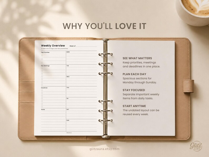 May include: A tan leather-bound planner with a six-ring metal binder mechanism. The open pages feature a weekly overview layout with sections for top priorities, key meetings, deadlines, and notes, alongside text detailing planning benefits.